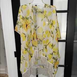 Sheer Lemon Print Fringe Kimono